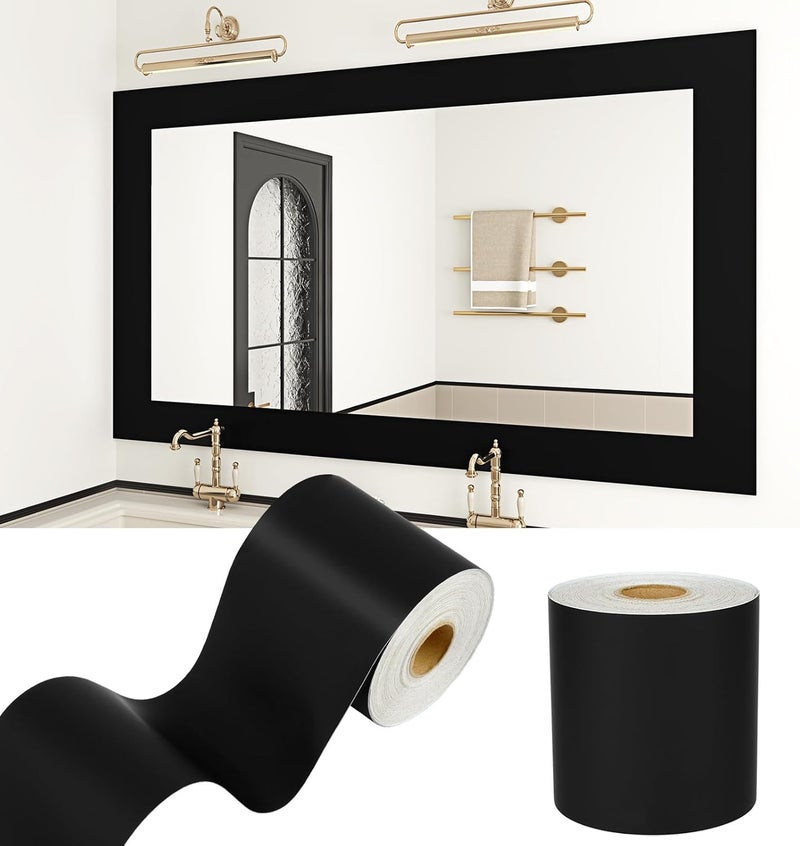 WESTICK Black Mirror Frame Border Wallpaper Borders Peel and Stick Mirror Edge Trim Decorative Waterproof for Bathroom Kitchen Thick Matte Black Bulletin Board Borders Removable Wall Border 3.94"x160" - Image 1